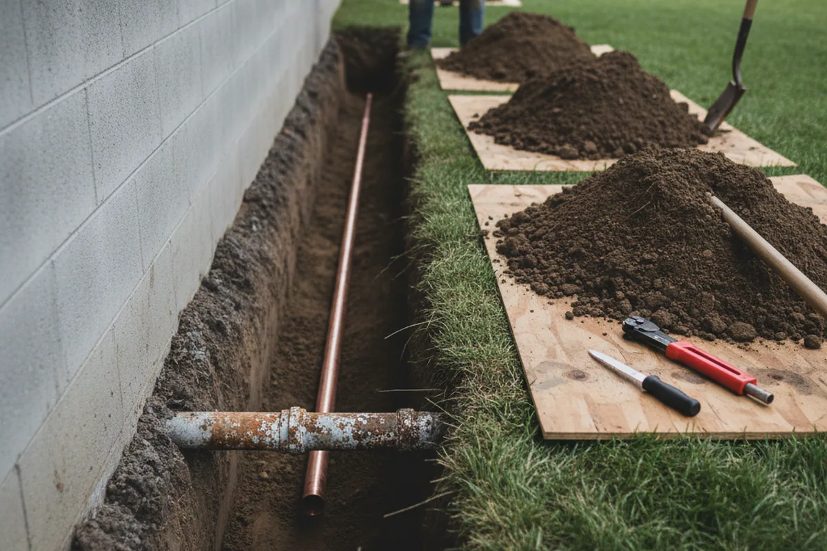 Excavated water line trench during Sewer Line Repair in Sarasota